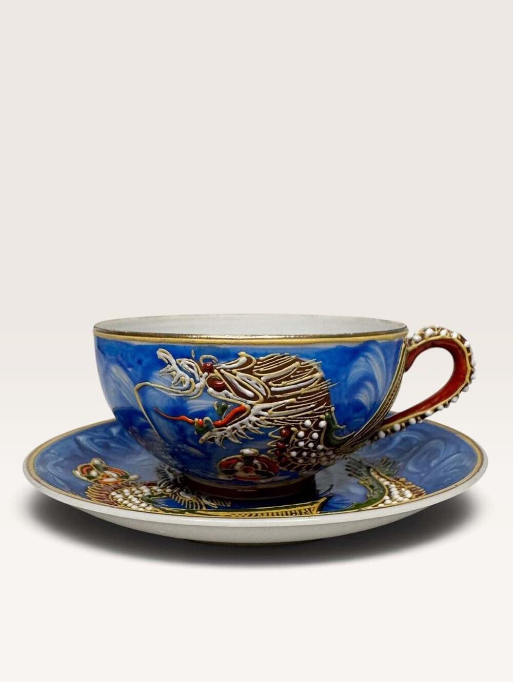 Vintage Japanese Moriage Dragonware Blue Lithophane Geisha Teacup and Saucer Set